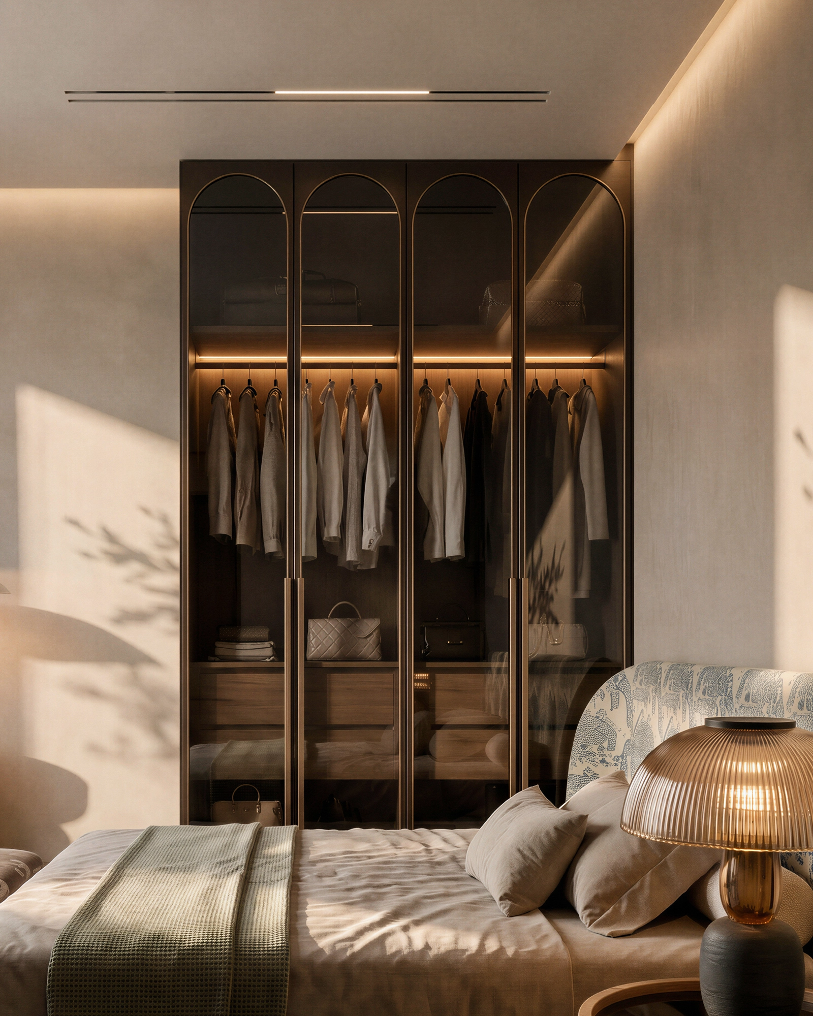 Chambre et dressing vitré d’un appartement de Terre de Lys Ghandi